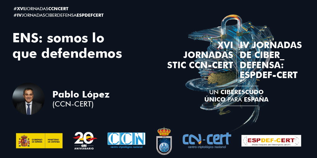 CCNCERT's tweet photo. Una de las ponencias destacadas en las #XVIJornadasCCNCERT y #IVJornadasCiberdefensaESPDEFCERT fue la de Pablo López, Jefe del Área de Normativa y Servicios de Ciberseguridad del CCN, con el título: "ENS: somos lo que defendemos".
📽️https://t.co/l6fAh6tRQl https://t.co/X5y4AnUIvW