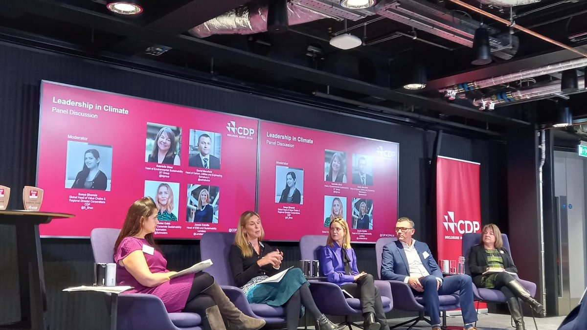 CDP UK Leadership Awards: CDP's Global Head of Value Chains & Regional Director Corporations, @S_Bhon, on the Leadership in #Climate panel with Gabrielle Giner, @BTGroup, David Merefield, @sainsburys, Jennie Colville @LandsecGroup and Madeleine Cobb, @Schroders. #CDPAList