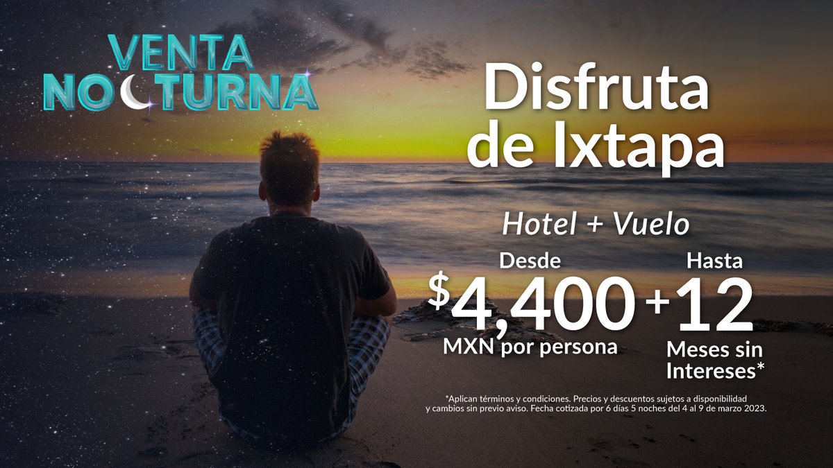 Venta nocturna Aeromar 🌙
Compra hoy paquete 🏨 + ✈️ 
Reserva ya! 👉 bit.ly/3GHoXe5
Incluye: equipaje de mano, selección de asiento y bebidas de cortesía!
* Consulta términos y condiciones