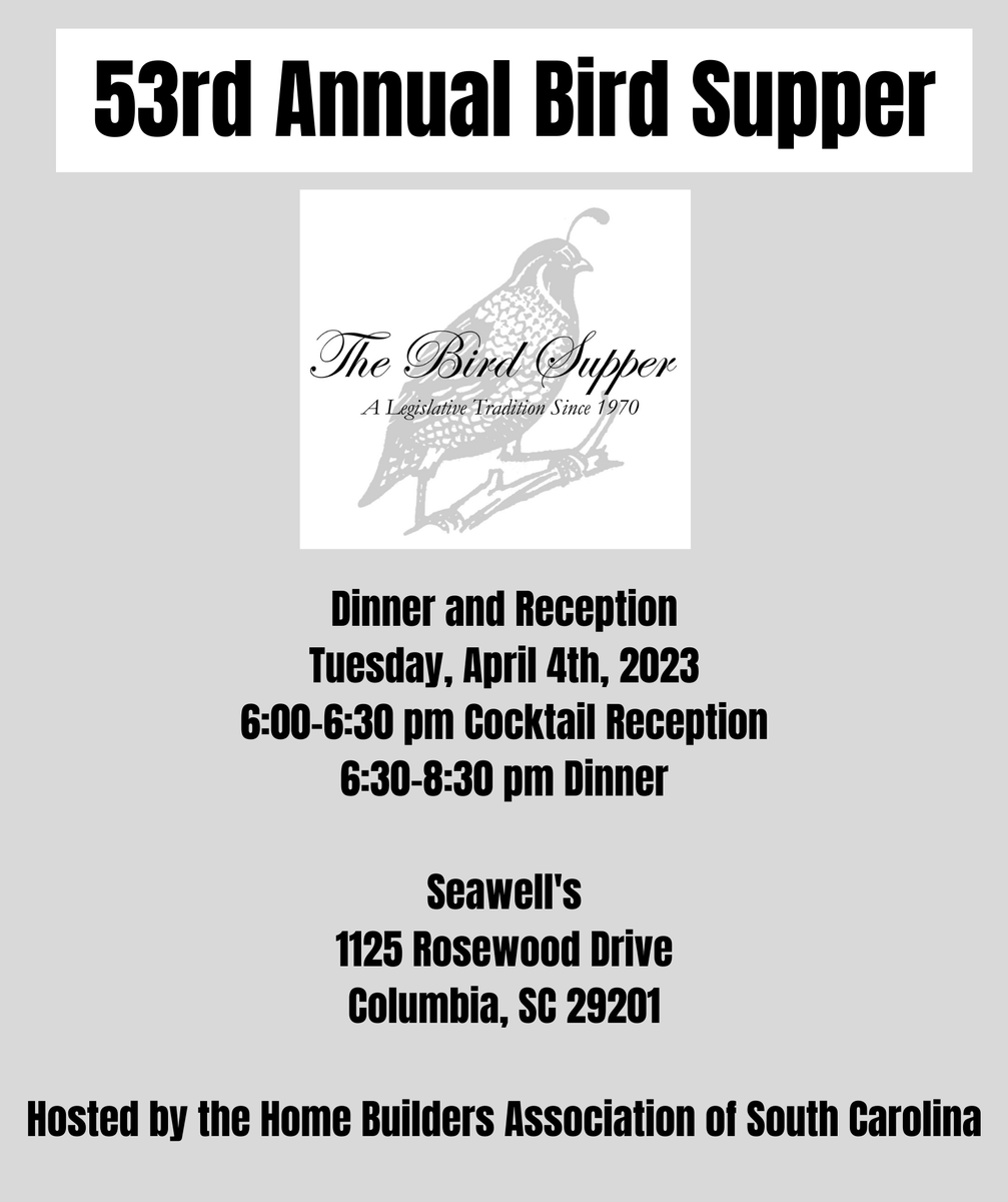 HBAofSC's tweet photo. Make plans now to join our 53rd Annual Bird Supper. Click on the link to get your ticket.

https://t.co/0PEj6zzRPY https://t.co/Sbfc3cLCBy
