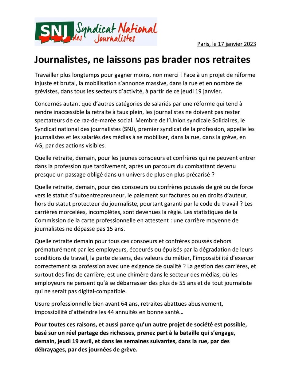 SNJ_national's tweet photo. [MOBILISATION RÉFORME DES RETRAITES] 
🥁🪇🎺📣 
Les #journalistes aussi ont tout intérêt à se mobiliser ce 19 janvier et au delà : ON VOUS DIT POURQUOI 
⬇️ 
https://t.co/tEFi28SBan https://t.co/kSvtIgbk3m