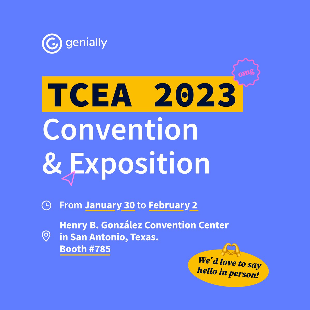 genially's tweet photo. Genially’s landing at #TCEA23! 👏
Grab your calendar: from January 30 to February 2, #TCEA23 will be live in Texas, USA. Our #GeniallyTeam will be there!
💛 @Conchircabello and @ckladzyk we’d love to say hello in person!
#Genially #edutwitter #interactiveEDU #events @TCEA https://t.co/3DtxzI6QGT