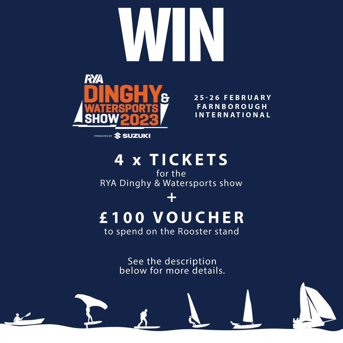 Rooster_Kit's tweet photo. Fancy winning tickets for you and 3 friends for the @RYA Dinghy Show and a £100 rooster voucher to spend at our stand? All you have to do is retweet, tag your friends to join you and follow us
#RoosterKit #InYourElement #dinghyshow #competition #wintickets #likesharewin https://t.co/gB9MvlLWZg