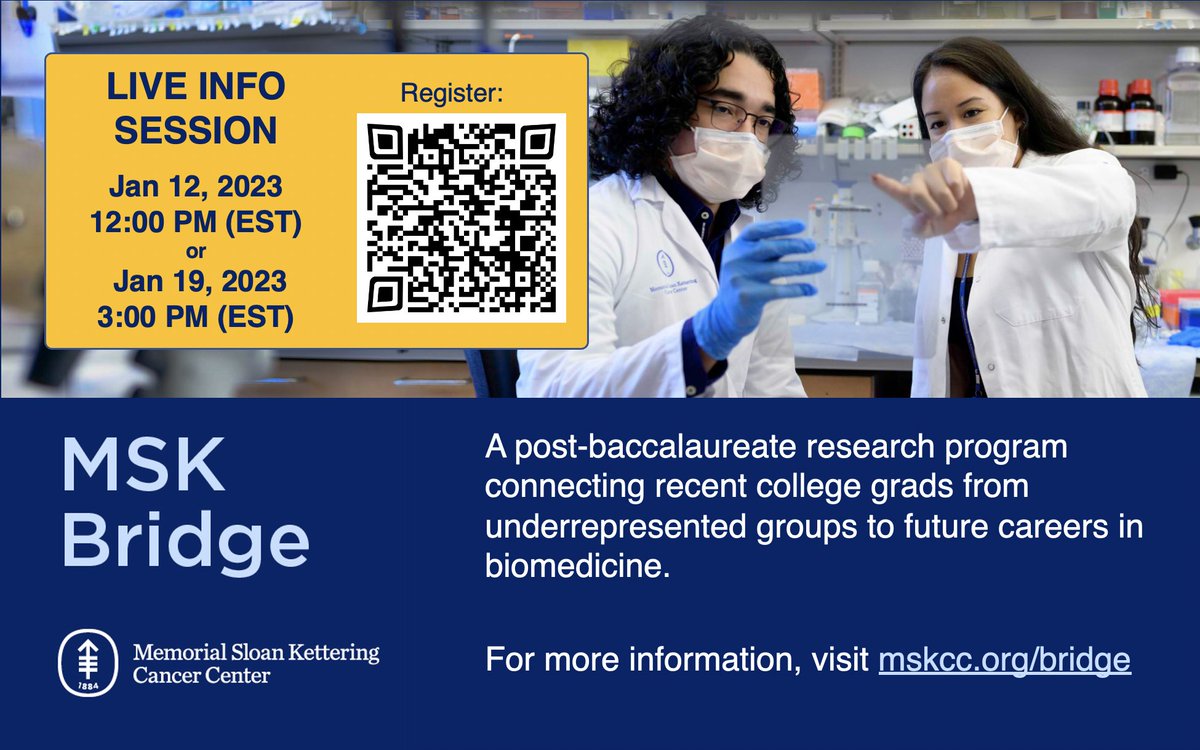 quaidmorris's tweet photo. Interested in gaining research experience before #gradschool? Consider our #postbac program - the MSK Bridge! Join @MSKEducation for a live info session on Thursday, Jan 19 @ 3 pm (EST).
Register: https://t.co/P1VgiKOBF0
#PrePhD #PreMDPhD #AcademicTwitter https://t.co/LMh7DOcc7U