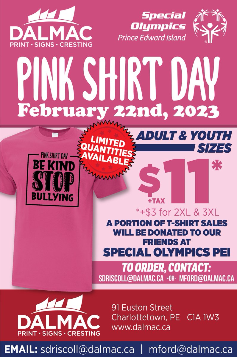 It's baaackkkkk!💗
~Pink Shirt Day 2023~
Limited Quantities so be sure to email:
💌mford@dalmac.ca or
💌sdriscoll@dalmac.ca

<a href="/SpecialOPEI/">Special Olympics PEI</a> 

#Dalmac #PEI #PinkShirtDay #SpecialOlympicsPEI #StopBullying