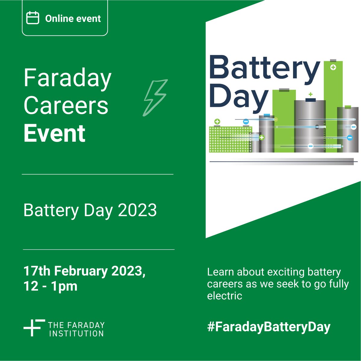 🔋#Batteries are key to going #FullyElectric⚡️ as we look to create a #SustainableFuture🌍 Join our free undergraduate event with <a href="/bout_kieran/">Kieran O'Regan</a> <a href="/EHDriscoll/">Dr Lizzie Driscoll</a> <a href="/AaronJRWade/">Aaron Wade</a> 
➡️faraday.ac.uk/education-skil… #FaradayBatteryDay