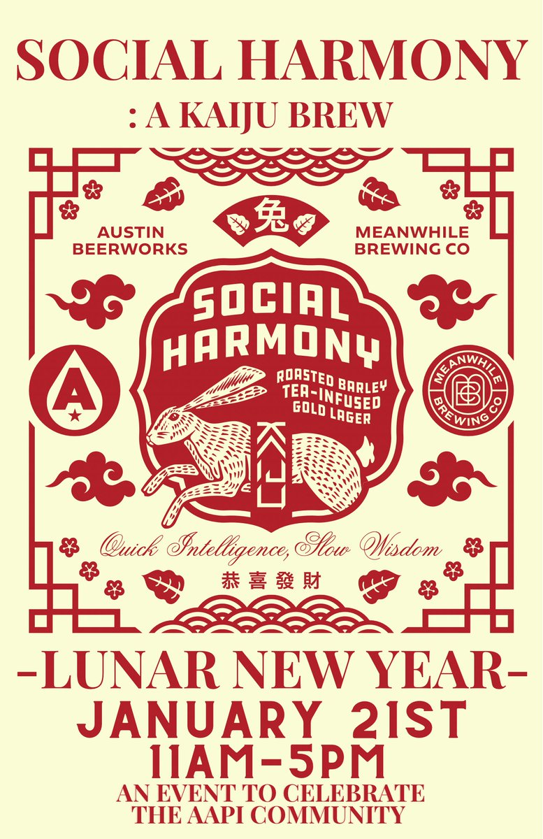 kaijucutandsew's tweet photo. This Saturday @AustinBeerworks ! Lunar New Year Celebration &amp; “Social Harmony” release. Collaboration with myself, @AustinBeerworks &amp; @meanwhilebeer 

Benefitting Asian Family Support Services of Austin @AFSSAustin 

Lion Dance performance starts at Noon! 🐇🧧 https://t.co/DtZLe0zaDN