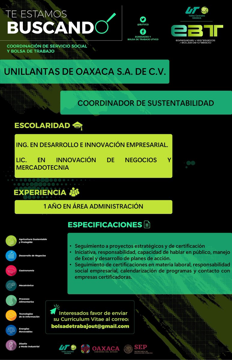 BUtvco's tweet photo. En Unillantas de Oaxaca te estamos buscando 
👉Coordinador de Sustentabilidad 
✍ Interesados mandar su C.V. a bolsadetrabajout@gmail.com
@Negocios_UTVCO 
@utvco https://t.co/uT49ciF9Ap