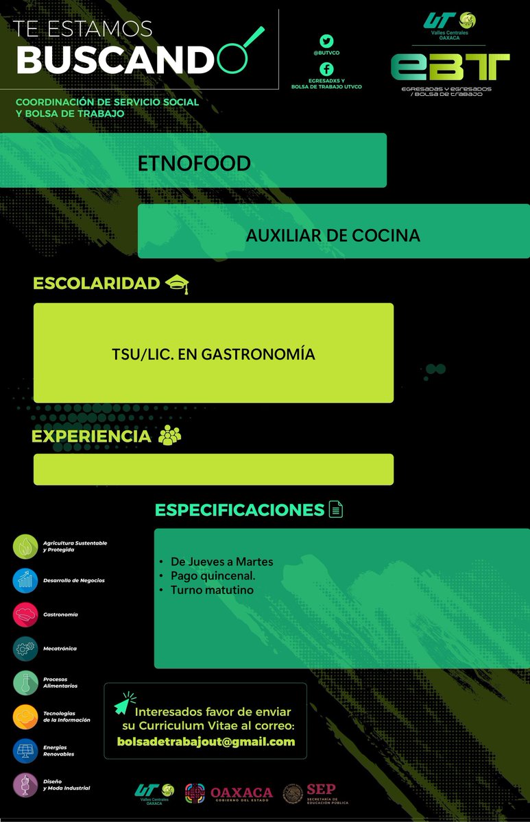 BUtvco's tweet photo. Te estamos Buscando en 
Etnofood 
👉Auxiliar de Cocina 
✍ Interesados mandar su C.V. a bolsadetrabajout@gmail.com
@gastroutvco
@utvco https://t.co/0G2SVFlmUb