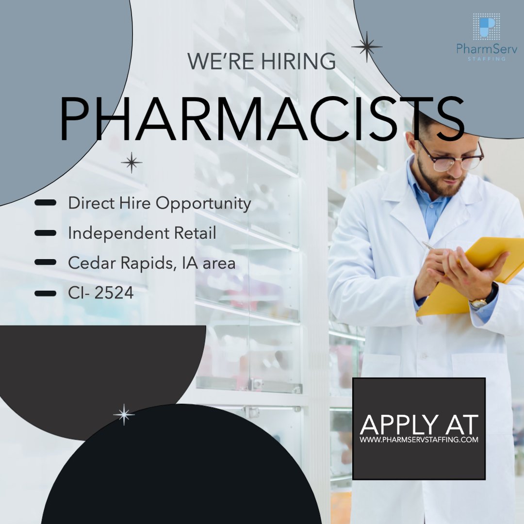 PharmServ's tweet photo. PharmServ is working with a client who is needing help on a full-time basis. This is a direct-hire opportunity near the Cedar Rapids Iowa area. This is a small-town local independent pharmacy with a small-town pharmacy feel. 

Visit our website to see additional information. https://t.co/KCIHlFi9wP