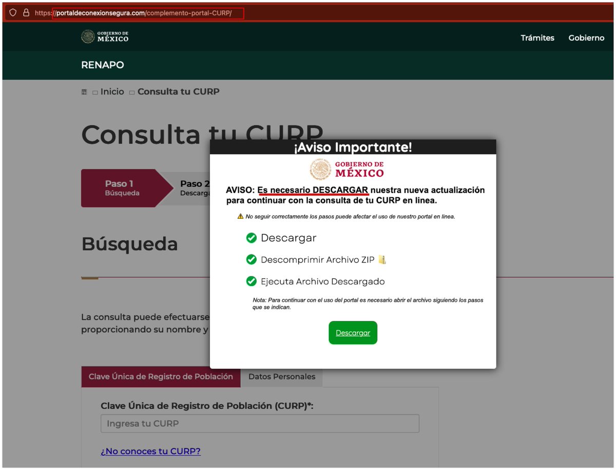hiramcoop's tweet photo. 🇲🇽 Sitio web apócrifo suplantando a RENAPO portaldeconexionsegura[.]com/complemento-portal-CURP

Para continuar con la "consulta del CURP", solicita la descarga d 1 archivo peligroso "InstalaComplementoCURP_v01[.]js"

No descarguen, descompriman, ni ejecuten archivos desconocidos https://t.co/CHNSMi07ua