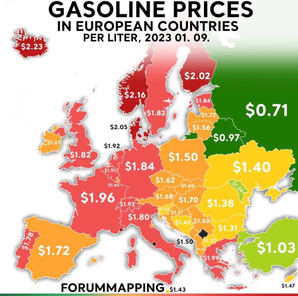 RusEmbSwe's tweet image. Gasoline prices per liter, 9 January 2023