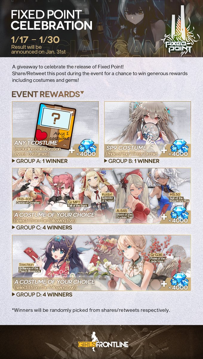 GirlsFrontlineE's tweet image. Dear Commanders,
Our scheduled maintenance has ended, and you can now log into the game! Fixed Point is now online and we hope you will enjoy it! We are also doing a giveaway to celebrate the release of the event. Please refer to the picture below for details!
#GirlsFrontline