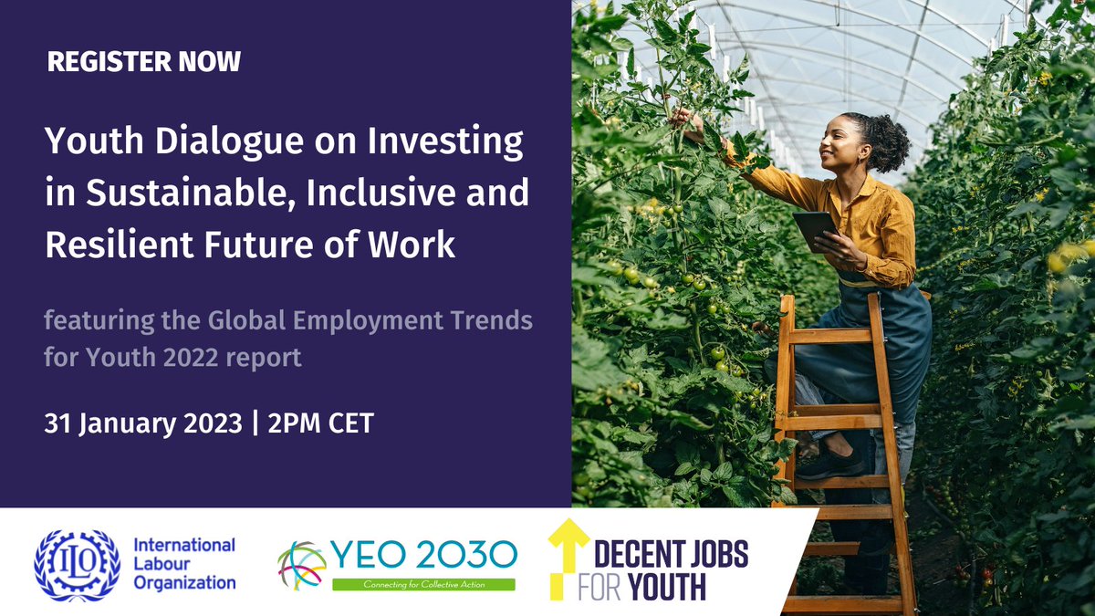 DecentJobsYouth's tweet photo. 📢 Are you interested in the future of work and #green &amp; #digital economies?

Then join the Youth Dialogue on a transformative future of work for young people hosted by @DecentJobsYouth, @ilo &amp; @YouthEconOpps!

When?📅31 January, 14:00 CET

Register here✅https://t.co/LukV6iCMiG https://t.co/SvhzqSox6J