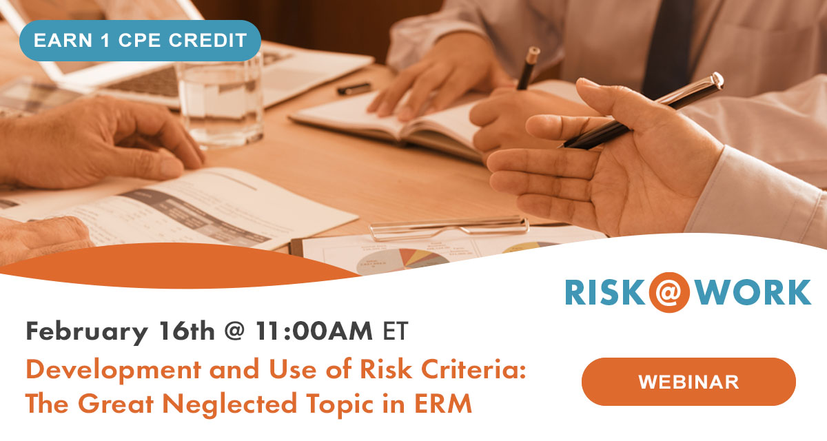Riskonnect's tweet photo. 🖥 https://t.co/80fJOOZxz5
The development and use of criteria for assessing risk is a foundational tool-building exercise for #riskmanagement. Learn how to develop criteria that lead to enhanced decision-making in the next Risk@Work webinar with Rob Quail.
#RiskAtWork https://t.co/JdB4U5yViz