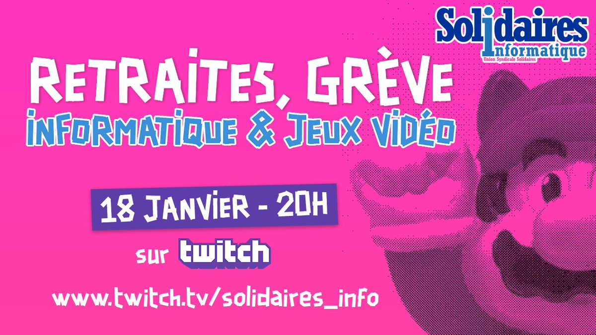SolInfoJeuVideo's tweet photo. 📺Mercredi 18 JANVIER - 20h
Solidaires Informatique sur twitch

Pour parler de la réforme des retraites, comment elle touche l'informatique et le secteur des jeux vidéo 🕹️.

https://t.co/z2Bigy2fCr https://t.co/0xFUwvUbIQ