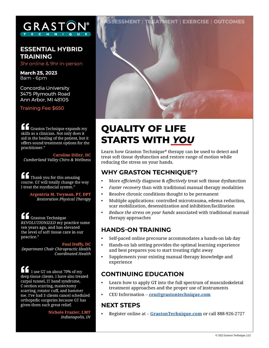 CUAA is hosting an Onsite Graston Class in March for any ATs, PTs or OTs interested