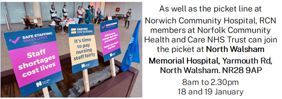 RCNEastern's tweet photo. As well as the Norwich Community Hospital picket line, NCH&amp;C members can join the picket at North Walsham Memorial Hospital. More details on the website: https://t.co/FwXPeQEdTu #FairPayForNursing #RCNStrike https://t.co/Bxc1Ju9SnN