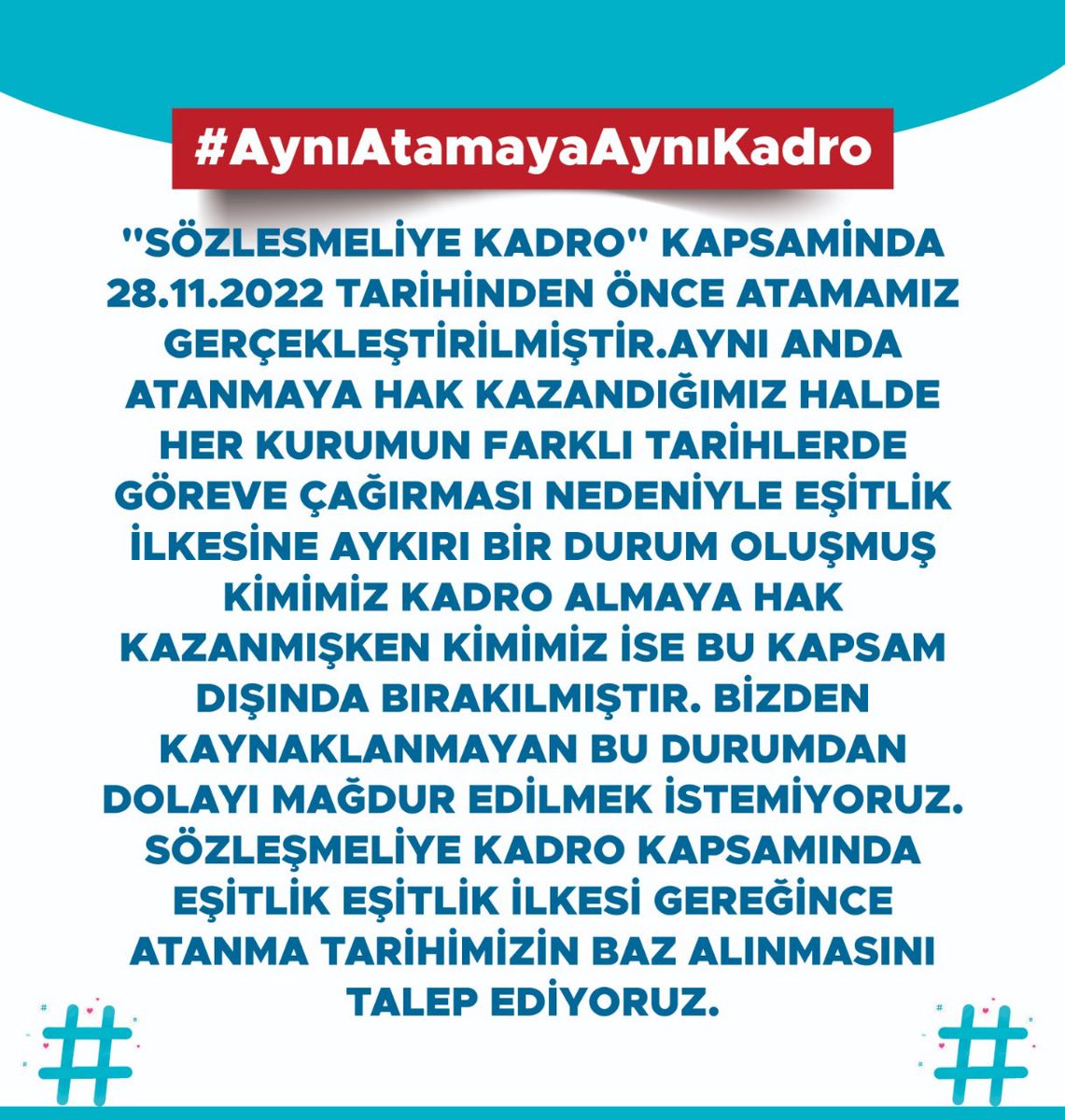Haticegok1231's tweet photo. Beraber yürüdük biz bu yollarda Beraber atandik. Beraber kadroya geçmeliyiz. 
28/11/ öncesi ataması yapılan tüm personele kadro

#AynıAtamayaAynıKadro 
@RTErdogan @mustafaelitas https://t.co/EC6Qdlk2Ij