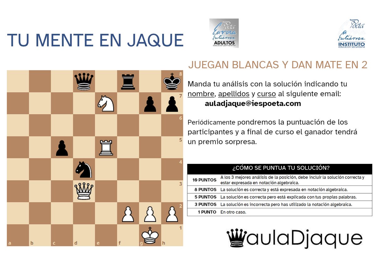 aulaDjaquePoeta's tweet photo. Ya está disponible el RETO 2 de la actividad Tu mente en jaque, puedes consultarlo en el tablón del centro. Este es el reto: https://t.co/J8Yy7FlVC1