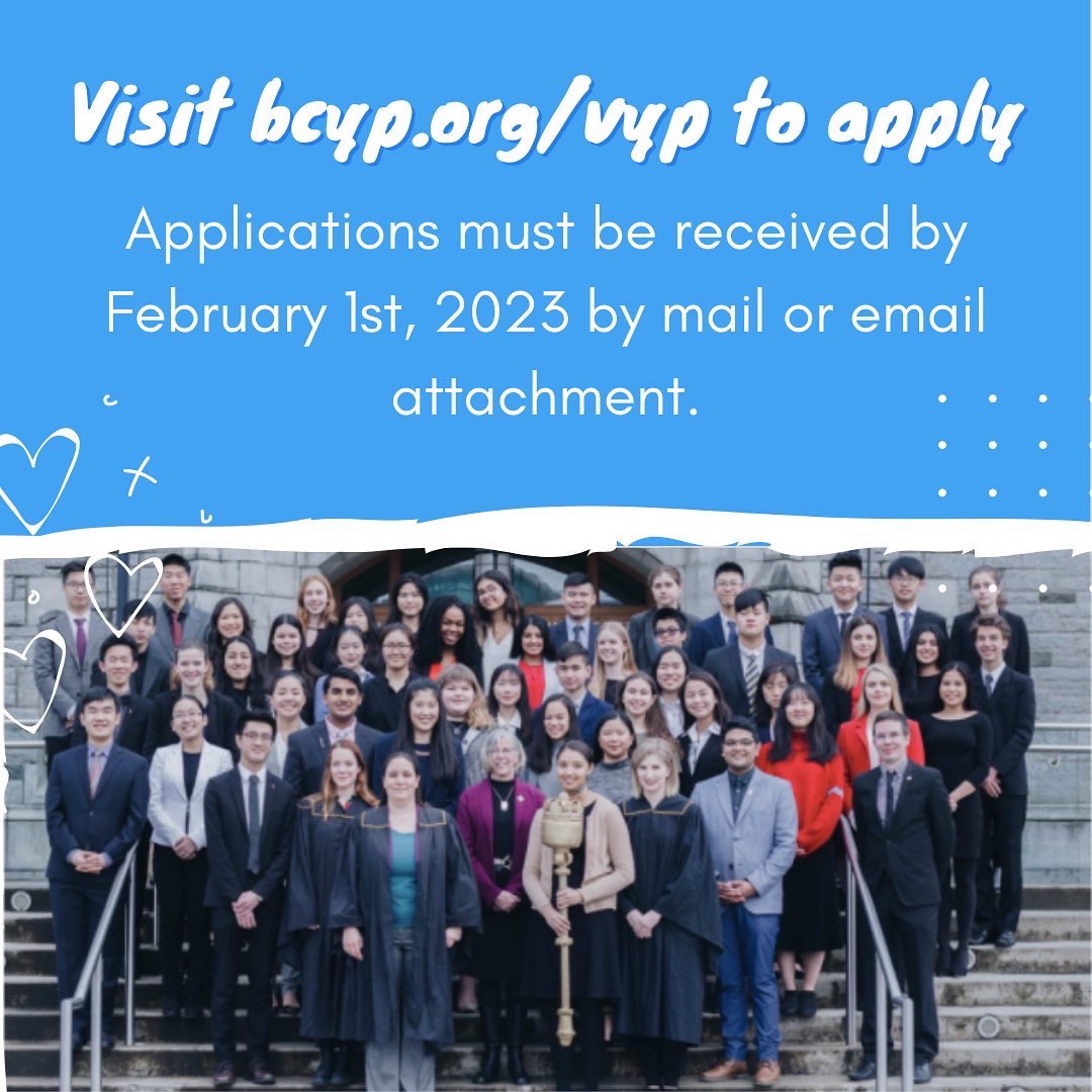 Introducing our first RYP of the year: the Vancouver Youth Parliament. Applications close February 1st, 2023!
Find out more at bcyp.org/vyp 💙