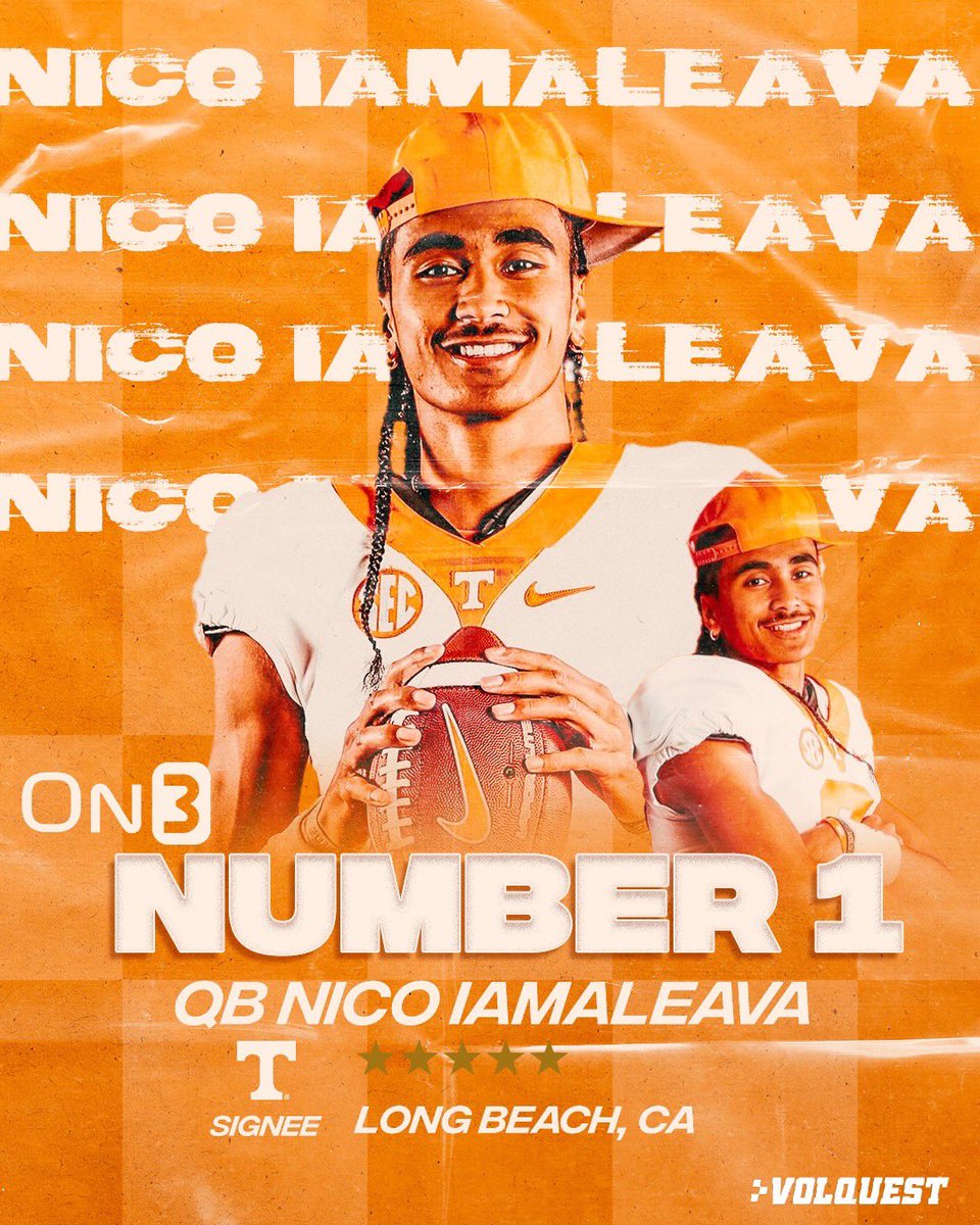 Volquest_On3's tweet photo. Say hello to the new No. 1 OVERALL PLAYER in the 2023 @on3 rankings 

#Vols five-star QB signee Nico Iamaleava ⭐️⭐️⭐️⭐️⭐️

https://t.co/zXMFYQrsvV https://t.co/7n6ygjkQF7