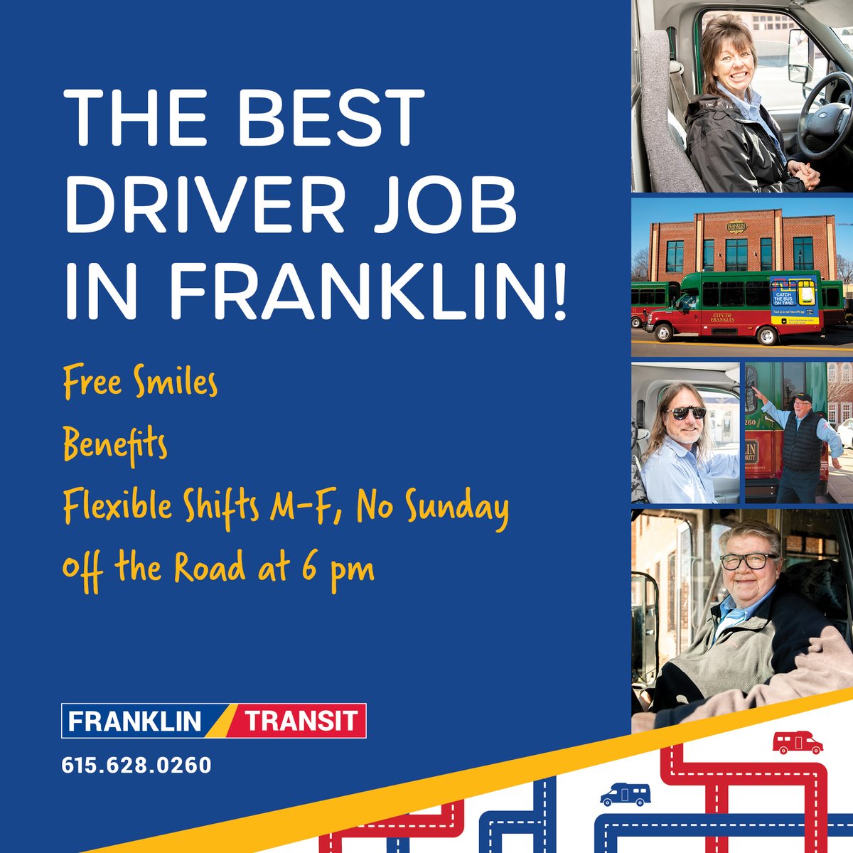 FranklinTransit's tweet photo. Want to be part of the best driver team in Franklin moving residents throughout the Franklin and Cool Springs area? Then apply today!

Click here to learn more: https://t.co/9YeueAZZc2

#nowhiring #coolsprings #franklintn #publictransit #drivers https://t.co/cD96BuiFEw