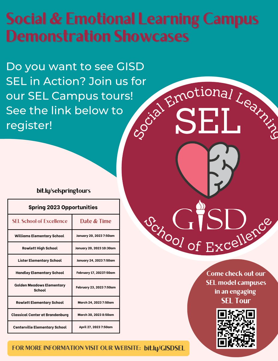Do you want to see GISD SEL in action Join us for our Spring SEL Demonstration Showcases! Click the link to register! bit.ly/selspringtours