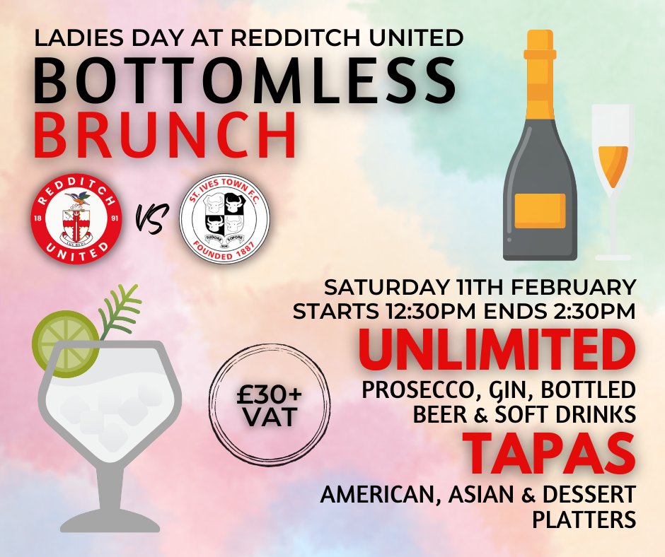 RedditchUtd's tweet photo. 🥂 𝗟𝗮𝗱𝗶𝗲𝘀 𝗗𝗮𝘆 | 𝗕𝗼𝘁𝘁𝗼𝗺𝗹𝗲𝘀𝘀 𝗕𝗿𝘂𝗻𝗰𝗵
On Saturday 11th February, we're having our first bottomless brunch!

⏲️ 12:30pm-2:30pm
🍾 Endless prosecco, gin, bottled beer &amp; soft drinks
🍤 Tapas - American, Asian and dessert platters

➡️ https://t.co/7gpeQ3zkYC https://t.co/QXYsVdQslx