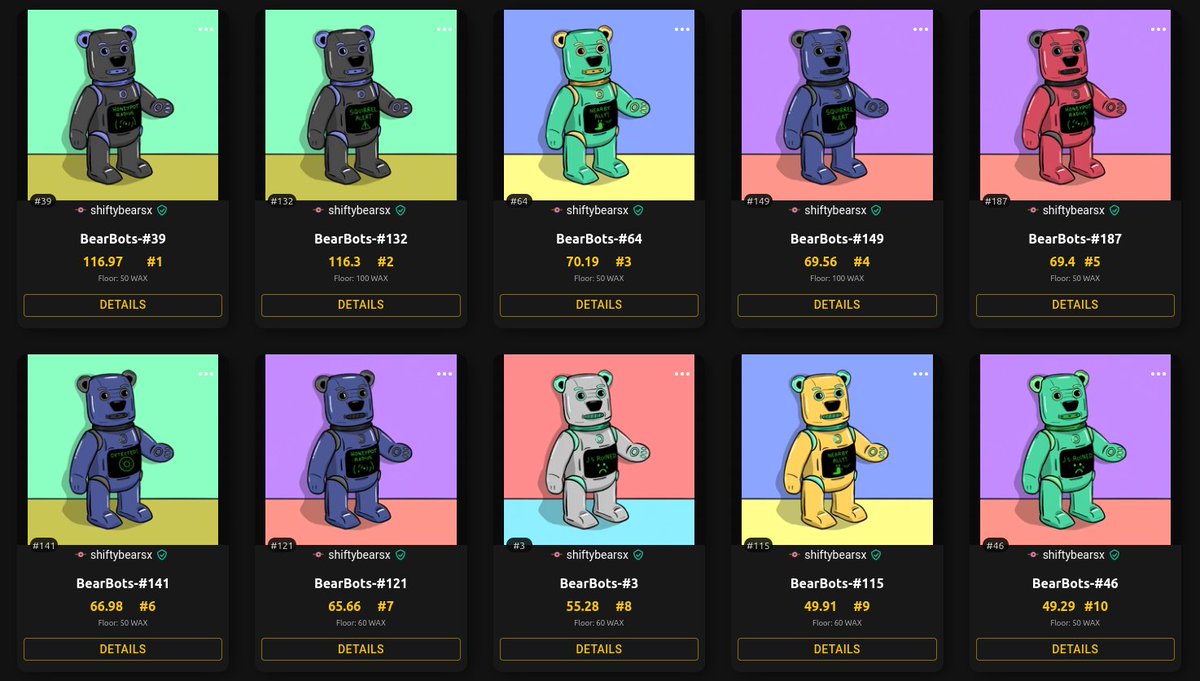 nfthiveio's tweet photo. PFP tracking for @ShiftyBears BearBots are now live!

https://t.co/qBn5hj1loy

#WAXNFT #NFTs #PFPs https://t.co/Bm8ppDZy5r