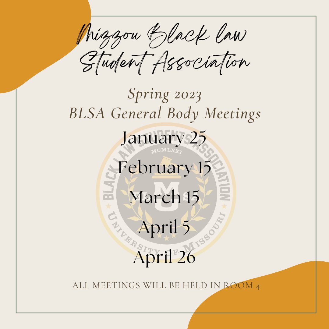 Welcome back, Mizzou Law! We are excited for this new year, full of new opportunities and events for the growth and development of our members! 

Be sure to make note of our meeting dates and times this semester to stay engaged! We can’t wait to see you! 🐯⚖️
