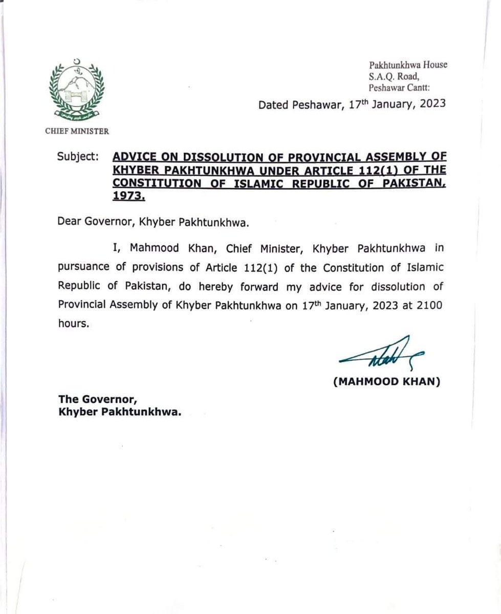 MominaBasit1's tweet photo. شان پاکستان عمران خان صاحب کی ہدایت کے مطابق وزیر آعلیٰ خیبر پختونخوا محمود خان صاحب نے خیبر پختونخوا اسمبلی تحلیل کرنے کی ایڈوائس گورنر کو ارسال کر دی. https://t.co/fY1IS2wbKS
