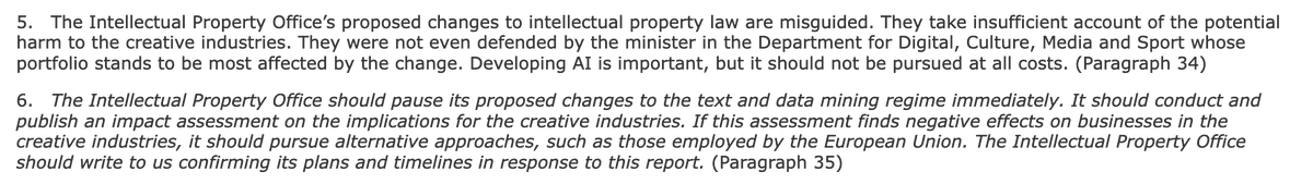 There's an eye-opening section on TDM. This says that the government should scrap its extension to the TDM exception, and should adopt the European approach of allowing opt-outs. This is my favoured position and was part of my evidence to the Committee.