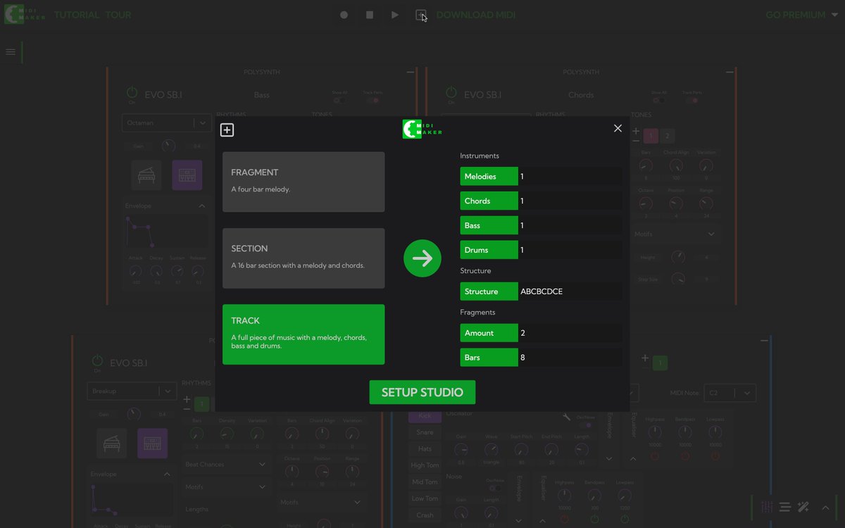 midi_maker's tweet image. You can now set up the studio with different default instruments and custom sections meaning you can generate exactly what you want straightaway. 

You can generate and download an entire track in seconds.

Give it a go now for free - midimaker.io 🎶

#MusicSoftware