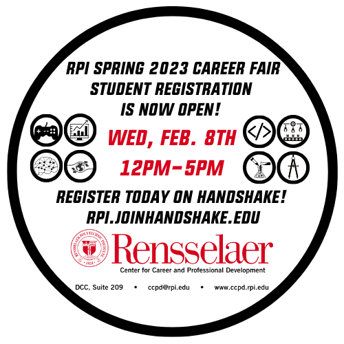 CCPDatRPI's tweet photo. The registration for students in NOW OPEN for the Spring 2023 Career Fair! 

Check the link in Bio for more information on how to register, employers coming to the Career Fair, how to prepare, and much more! 
.
.
#RPI #Careers #Employment #Internships #Jobs #RPIConnects  #CCPD https://t.co/Pbpucz5lO2