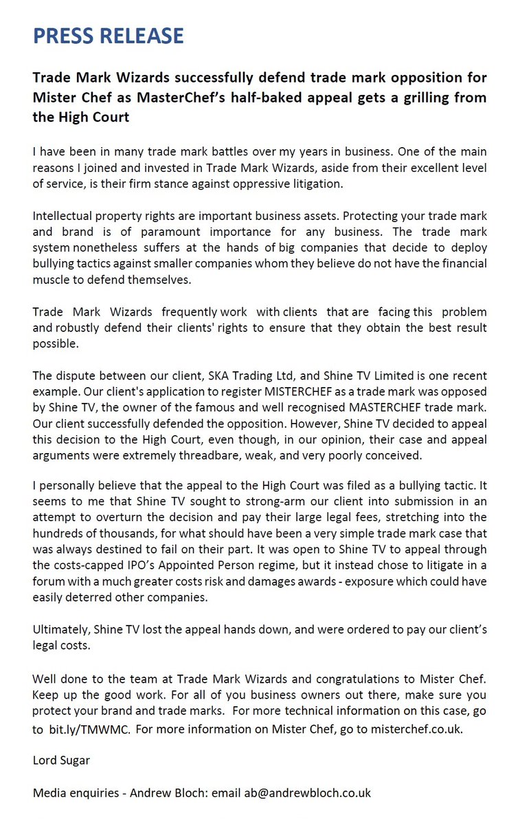 Keep YOUR brands and trade marks protected at trademarkwizards.co.uk

Technical details of this case: bit.ly/TMWMC
Information on Mister Chef: misterchef.co.uk
Media enquiries – Andrew Bloch, email: ab@andrewbloch.co.uk