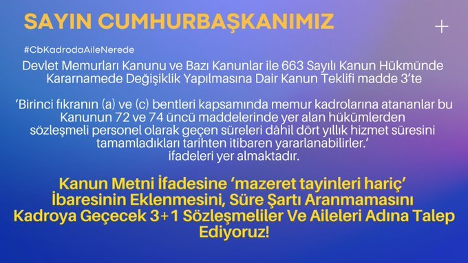 Gelen Kadro Kanun Metninde 4 yıl nakil yasağı ile eş durumu hakkımız engellenmekte Genel Kurul'da  bunu göz ardı etmeyeceğinize şüphemiz yok.
Biz size güvendik. Tek derdimiz ailemiz
<a href="/RTErdogan/">Recep Tayyip Erdoğan</a>
 
<a href="/fuatoktay/">Fuat Oktay</a>
 
<a href="/israfilkisla/">İsrafil KIŞLA</a>

<a href="/ikalin1/">İbrahim Kalın</a>

<a href="/hasandogan/">Hasan Doğan</a>

#CbKadrodaAileNerede