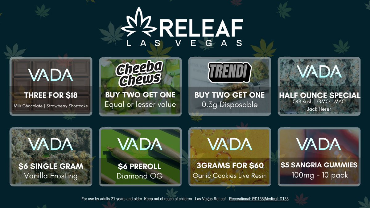 LVReLeaf's tweet photo. Who's ready for the week?
https://t.co/MzBmyj5MXA
For use by adults 21 years and older. Keep out of reach of children. https://t.co/FQIvUbBhCe