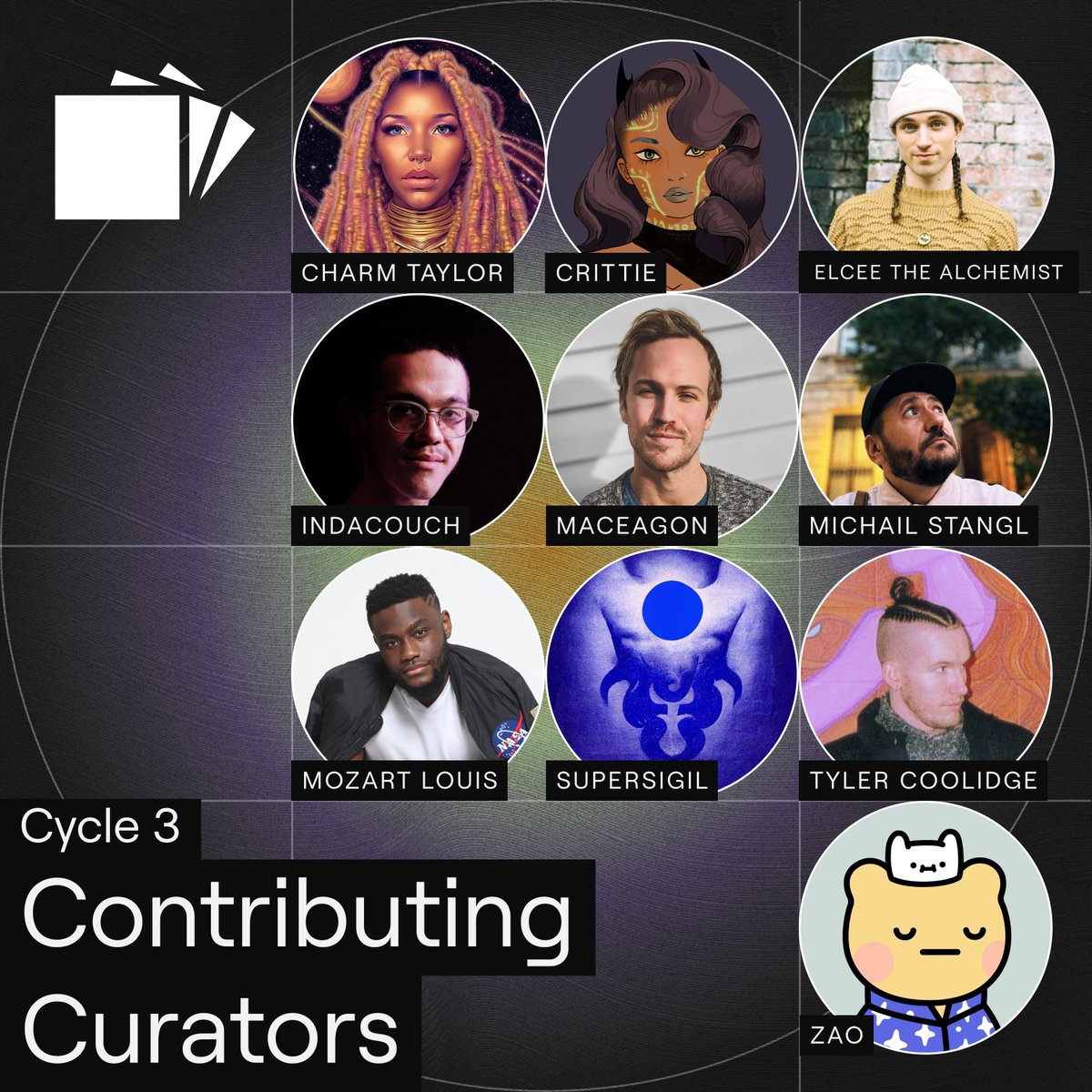 The time has come! Announcing Cycle 3 contributing curators:

<a href="/charmlikemagic/">CHARM TAYLOR👑streets to museums</a> <a href="/Crittie_p/">CP</a> <a href="/elceejpg/">Elcee the Alchemist 🦋</a> <a href="/inda_couch/">indacouch</a> <a href="/maceagon/">MacEagon Voyce</a> <a href="/opiumhum/">Michail aka Opium Hum / Hyper Real Radio</a> <a href="/madebymozart/">Mozart Louis</a> <a href="/SPRSGL/">Supersigil</a> <a href="/tylercoolidge64/">tyler coolidge 🏆</a> <a href="/0xZAO/">ZAO🧧☯️</a>

Starting today through Mar 12th, these 10 curators can onboard up to four artists each to Catalog 🪄