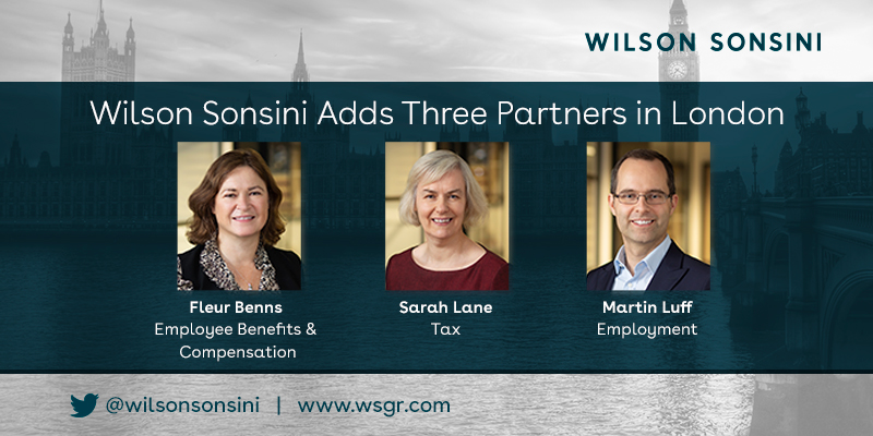 wilsonsonsini's tweet photo. We are excited to announce that Fleur Benns, Sarah Lane, and Martin Luff have joined us as partners in our London office. Their addition reflects our continued growth in London and our extended London-based service offerings. Learn more at: https://t.co/zhXws1snlp https://t.co/97HYybqaGX