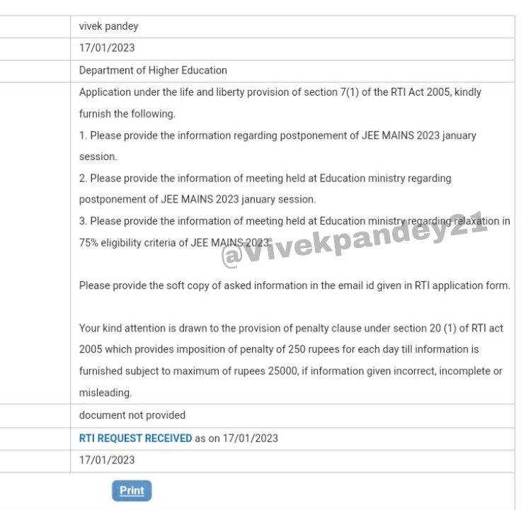 RTI filed to Ministry of education, seeking information on #JEEMains2023 postponement and 75% eligibility criteria. Hoping reply in 48 to 72 hours. 

#JEEMain2023inApril #JEEAfterBoards #JEE2023 #Jee23DemandsJustice #POSTPONEJEEMAINS2023