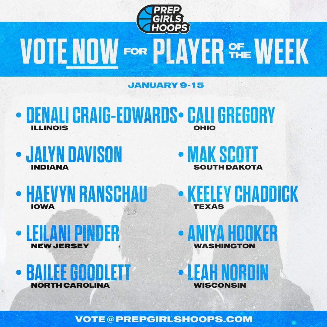 PrepGirlsHoops's tweet photo. Player of the Week voting is 𝐋𝐈𝐕𝐄. 

Click the link below to read about Week 7 standouts from across the country &amp; to cast your vote! 

*Voting closes Thursday at 11:59PM CT* 

VOTE HERE: https://t.co/zsS7iGG8gg https://t.co/n1JM4NJtzn