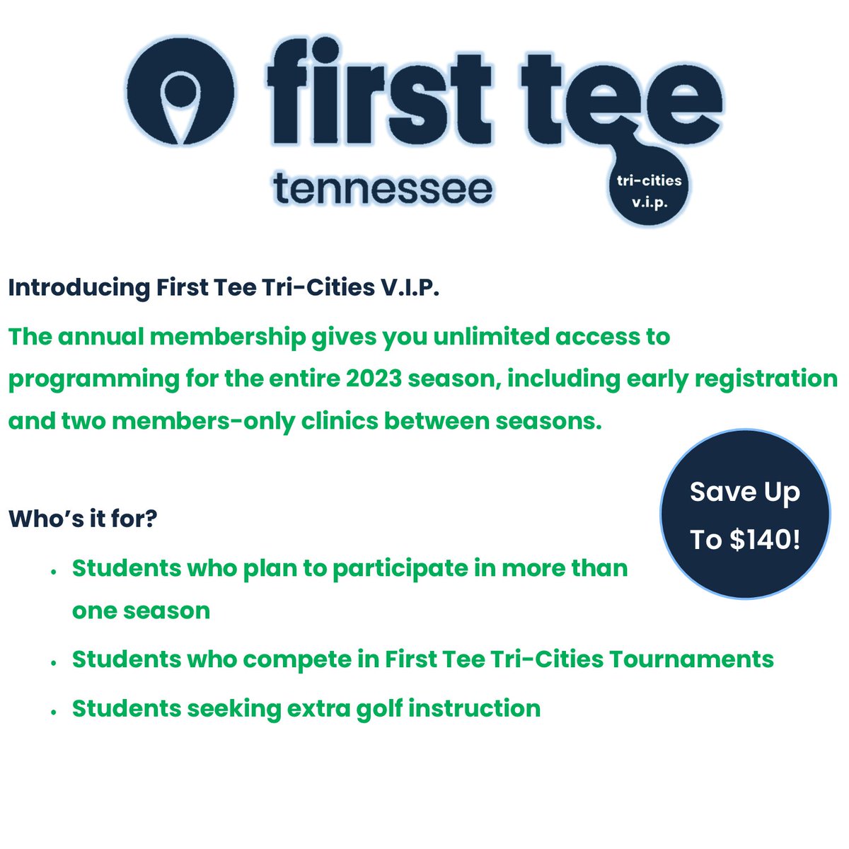 TGFjuniorgolfTC's tweet photo. Get your V.I.P. Annual Membership today! 👊

https://t.co/cvLBlU2ViG

#firstteetricities #golf4life https://t.co/qqUl31E2jn
