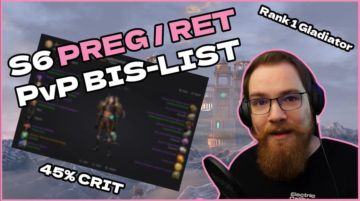Wotlk S6 Preg/Ret PVP Bis List

Its been a while... What 45% CRIT?

Today I present to you my S6 Preg/Ret PVP Bis-Lists with alternative options!

youtube.com/watch?v=Md3npd…

#Wow #Wotlk #PVP
