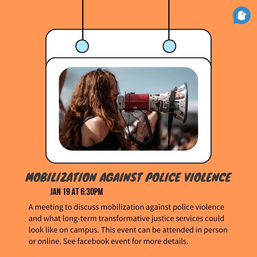 Mobilization Against Police Violence
Jan 19 at 6:30pm

See facebook event for more details. fb.me/e/2xvRSSZ5J

#SSMU #ExternalAffairs #VPExternal #SSMUExternal #Advocacy #Mobilization #Mobilisation #PoliceViolence