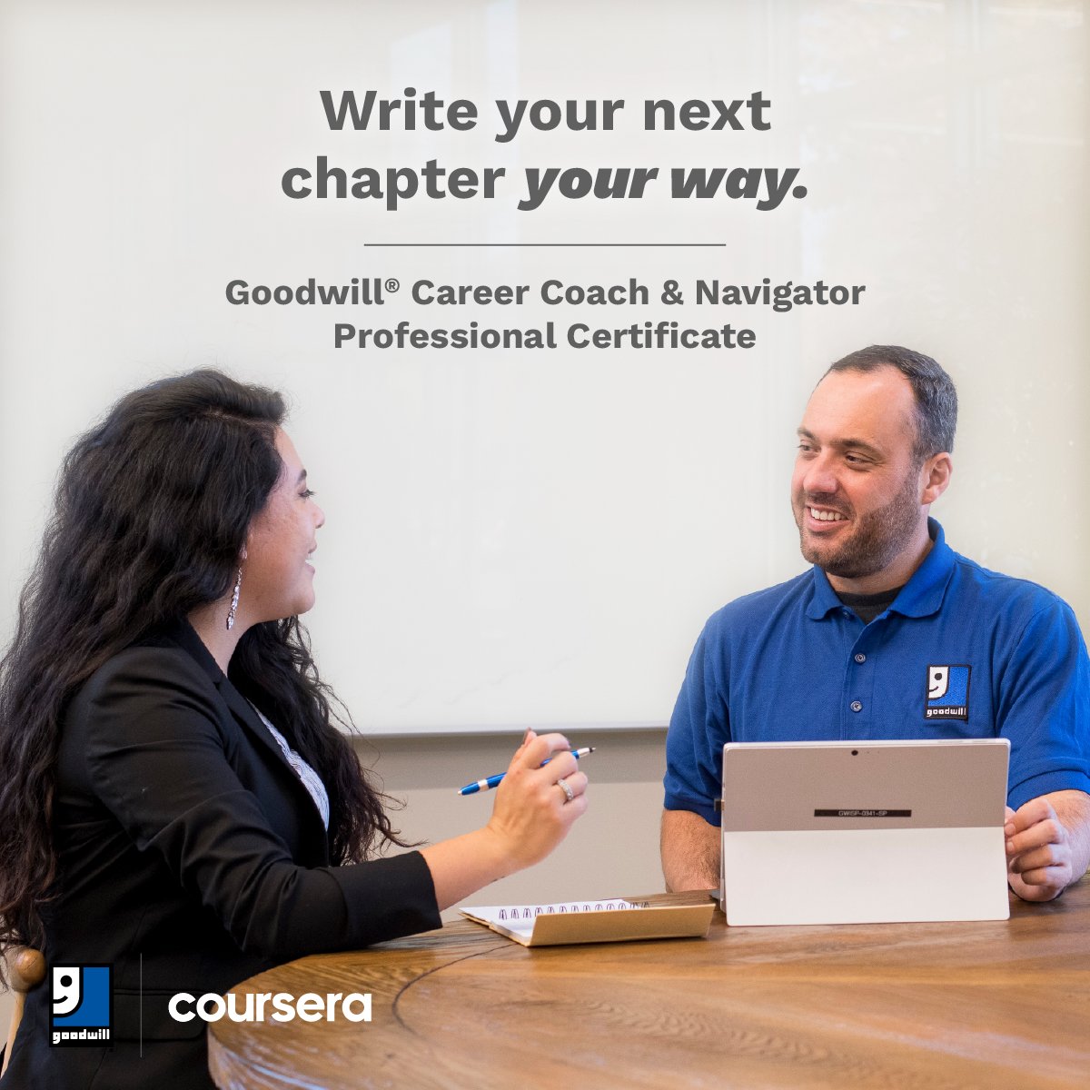 GoodwillIntl's tweet photo. Enjoy helping people and want to make it your career? Earn the Goodwill Career Coach & Navigator Professional Certificate. Build skills through new self-paced training on @Coursera + help others find employment and thrive. Start today: https://t.co/UEhGxq4fnj #AdvanceWithGoodwill https://t.co/BK2xkrhIVY