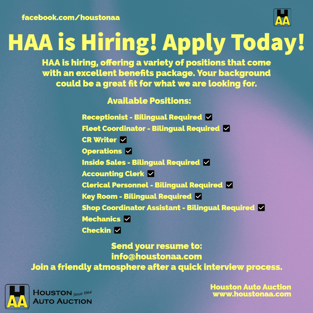 haatweets's tweet photo. 📣WE ARE HIRING!📣 If you are looking to work for a great company with great benefits, then look no further and send us your resume!

https://t.co/6YmuEcKbCA
#HAA #HoustonAutoAuction #Houston #Auction https://t.co/w5ql8BvSCf
