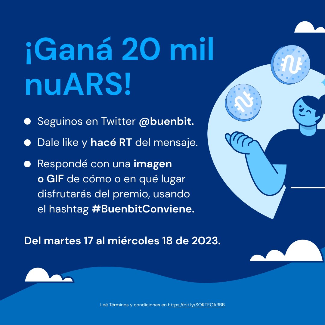 📣 Sorteamos 20 mil nuARS para que te los gastes en lo que quieras.

Mirá cómo participar👇🏼 Tenés tiempo hasta el 19/1🤩

#BuenbitConviene

Leé los Términos y Condiciones en bit.ly/SORTEOARBB