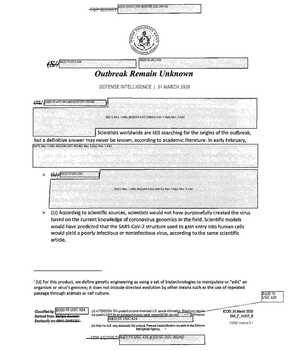 kenklippenstein's tweet photo. I obtained a highly classified military intelligence assessment under FOIA re the origins of COVID-19 from 2020. Seems the intel community was just as confused as the rest of us, though much remains redacted.

Thanks to my lawyer @bethbourdon (follow her!) for her help with this https://t.co/3Ur7ogMyZS