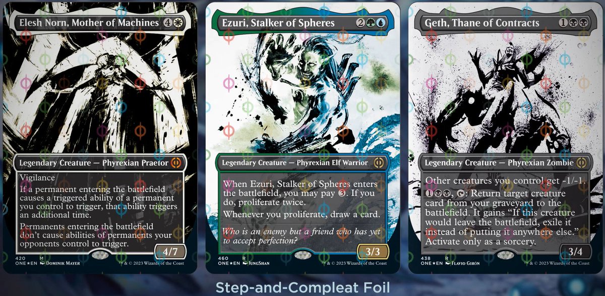Taking inspiration from classic fashion houses, the Step-and-Compleat foils have to be seen to be believed. Pictures alone can't do them justice. #MTGPhyrexia